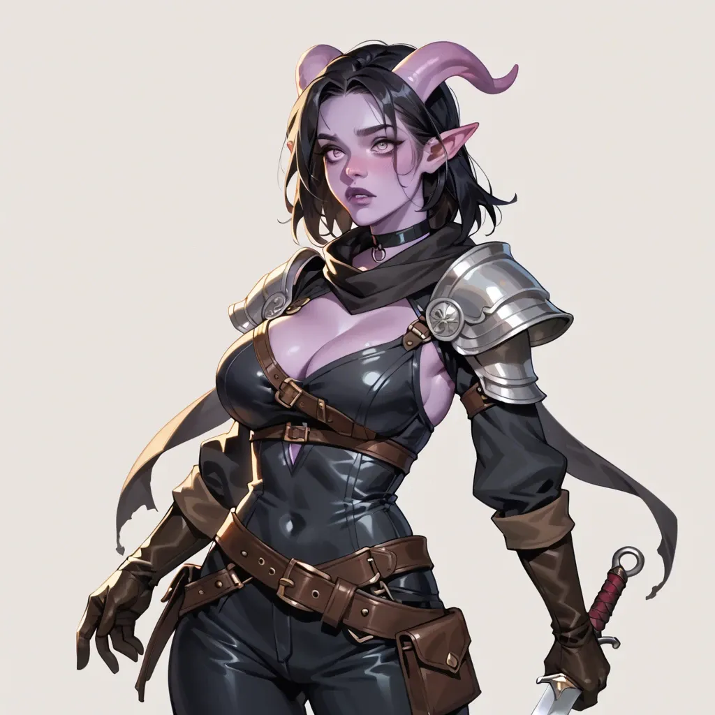 skinny body, leather breastplate armor, big breasts, thief adventurer outfit. dark tunic, scarf, pants, wide belt, tiefling girl with purple skin and black hair, cute. choker, , leather gloves, dagger, 20 years old, expressive face, tongue out, long tongue (10cm), side view