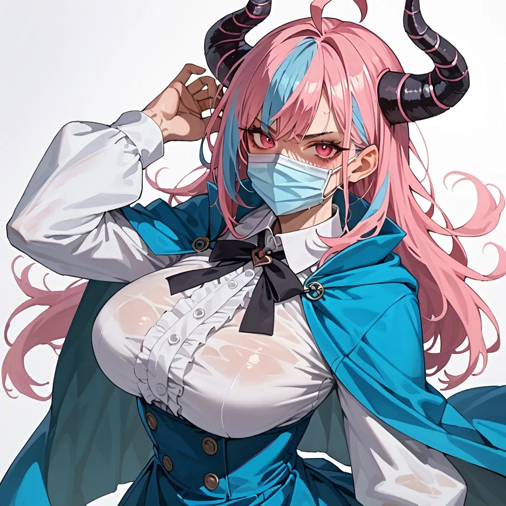 ulti, horns, pink eyes, multicolored hair, bangs, ahoge, mouth mask, blue cape, white shirt, long sleeves, neck ribbon, light blue skirt, high-waist skirt, large breasts, looking at you, serious,(ulti from One Piece Both hands and one leg were chained from above.),  standing doggy style, woman has one leg up,boy massive cock, rough Vaginalsex ,Torn clothes