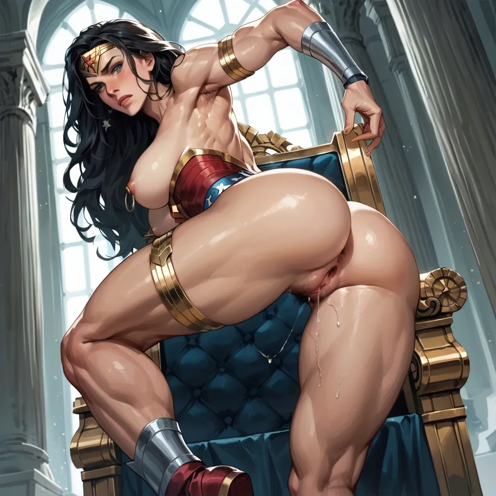 Wonder Woman ass focus from below Detailed armpit ribs disgusted Athletic round ass ass focus on throne rear view looking back nipple ring pubic hair pussy juice muscled back, one leg raised, athletic back, thigh band