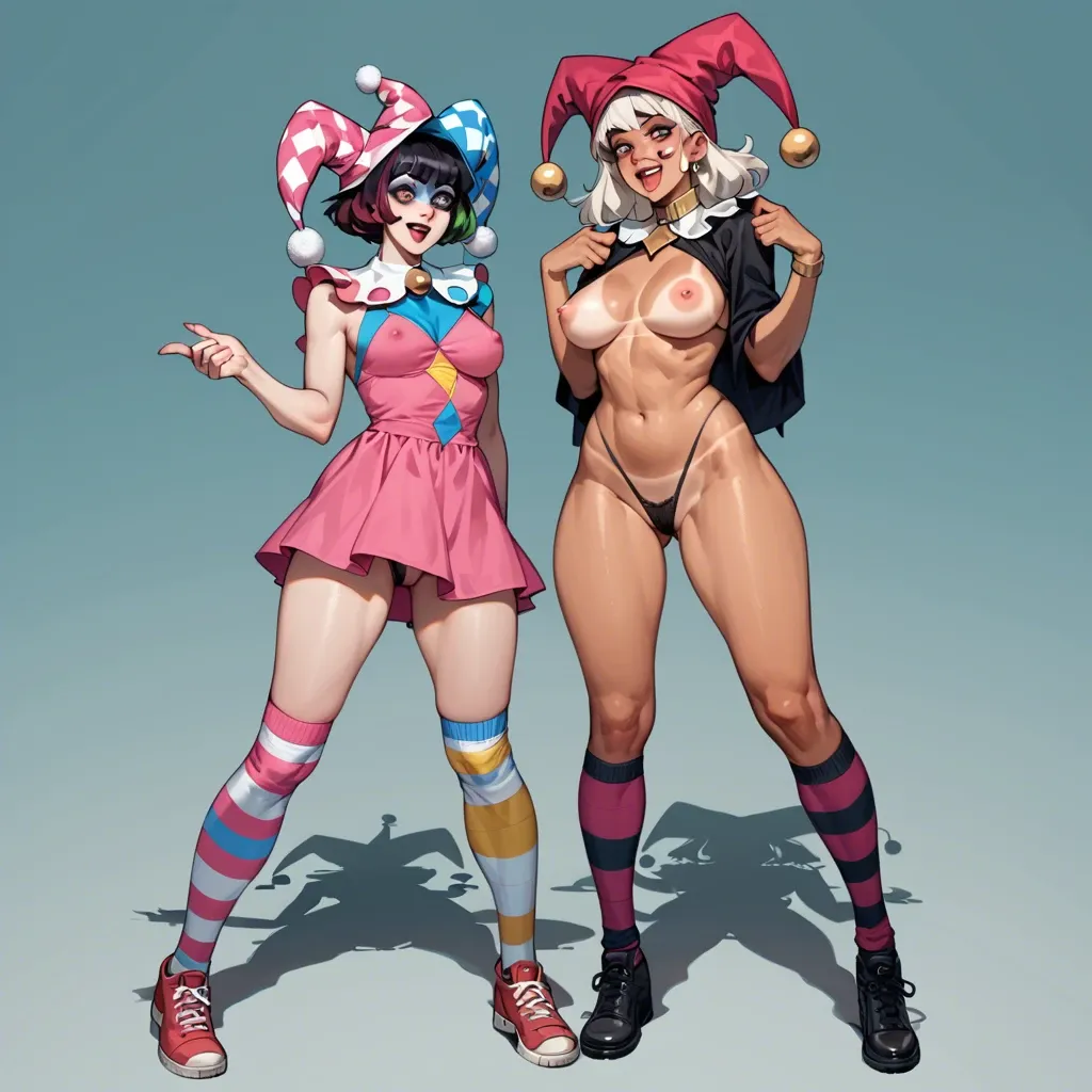 2girl, , , , big round eyes,women bare feet,pink nipples,super wide hips,tan line, no skirt,knee-high socks,jester cap,showing thong,shoes, pink dress,knee socks,witch hat,black panties,shoes, showering, water sparkles, spaceship, robot, source anime, brightly, spider-gwen, sailor moon