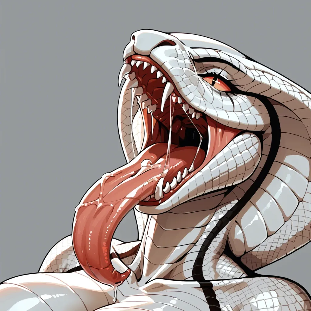 Beautiful face, hot mouth, drool, cobra, furry, solo, hot body, close up mouth, big breasts, body liquids, sharp teeth, white skin, snake, tongue out, snake tongue, ahegao