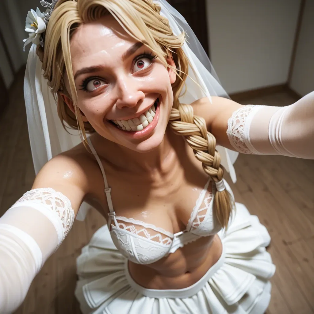 1girl,3d, Aussie, Australian ethnicity,blonde, cute, upturned nose, pig nose, perfect teeth,big teeth, big smile,bride clothes, braided hair blonde,selfie,high angle,crazy face, lingerie, medium breast,arm gloves, shaved pussy