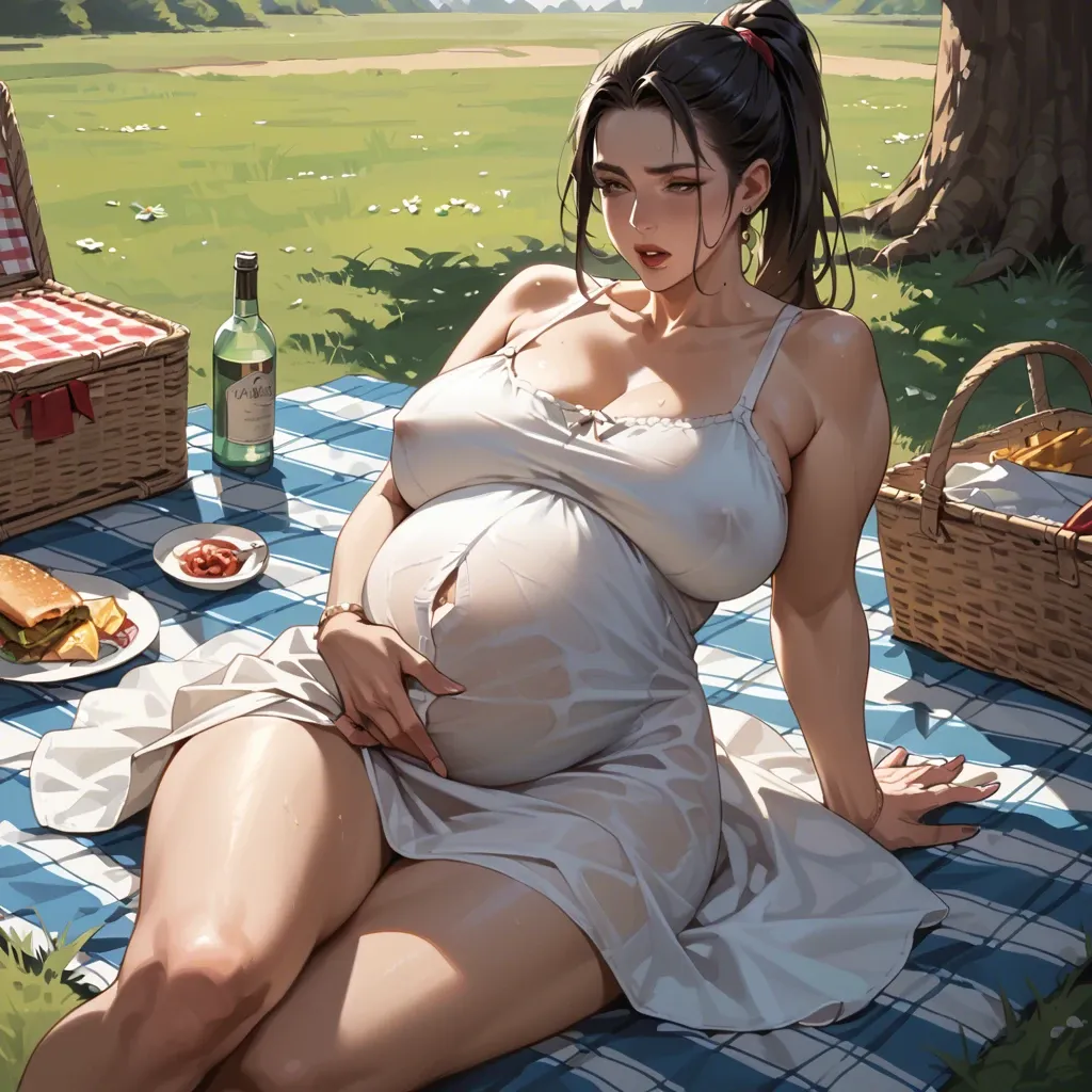 Pregnant milf, huge boobs, ponytail, fingering, picnic, sundress, flashing boobs