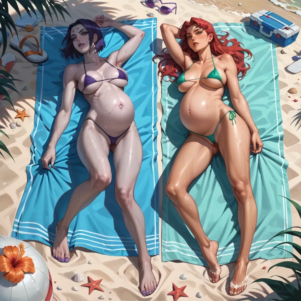 2 girls, raven from teen titans, Starfire from teen titans, on beach, laying on beach towel, tanning, wearing micro bikini, too tight bikini, nipple window, vagina window, pregnant, sexy feet, men coming up to them, multiple men standing around them, cumming on them, jerking off to them, bukkake, messy, cum,