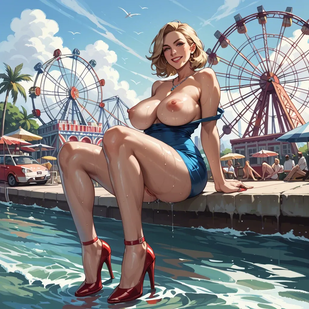 Milf, red heels, huge tits, nipples, wet pussy, loose mini dress, smiling, blonde, sitting, Ferris wheel,