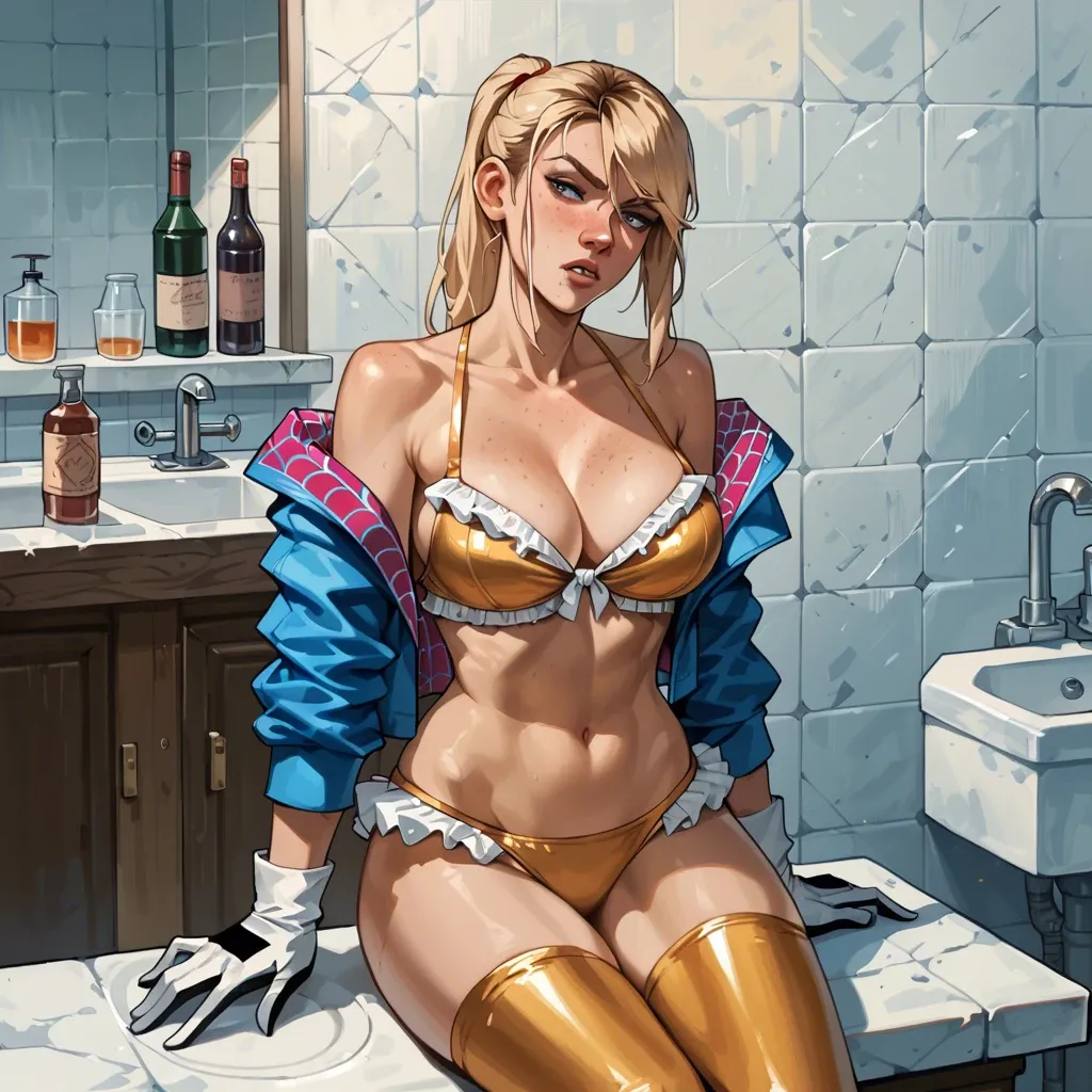 1girl,solo, , , , freckles,5 finger,round breasts,clenched waist,off shoulder, jacket,gold stockings,racing gloves,frilled bikini,boots, school bathroom, medieval tavern, cyborg, samus, spider-gwen, asuka langley