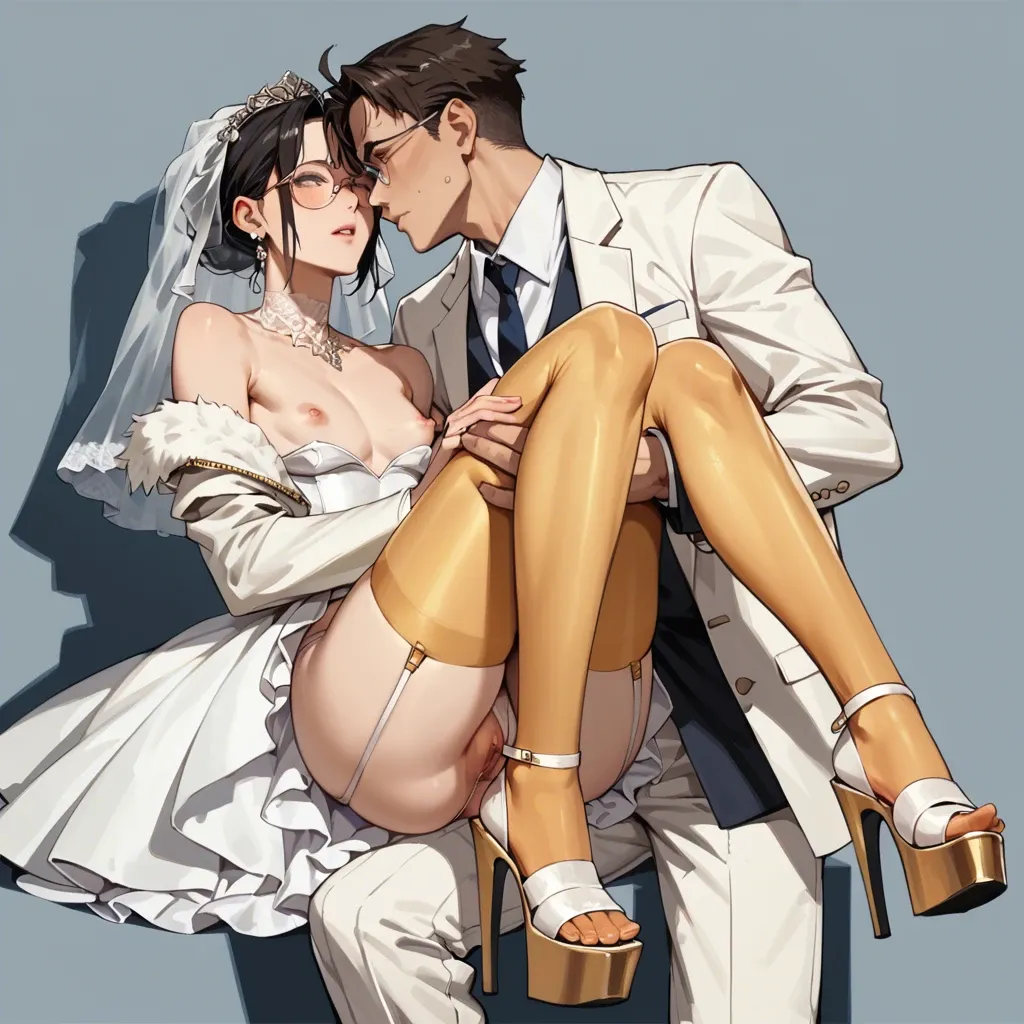 1girl,1boy, , , , touching pussy,sole,flat chest,breast squeeze,off shoulders, jacket,gold stockings,round glasses,panties visible,platform heels, wedding dress,tights,panties aside,low rise thong,sandals, nightgown,tights,dangly earrings,bra,knee boots, nightclub, forest, cyberpunk, computers, painted, bright eyes, 2 boys, ariel waifu, rei ayanami