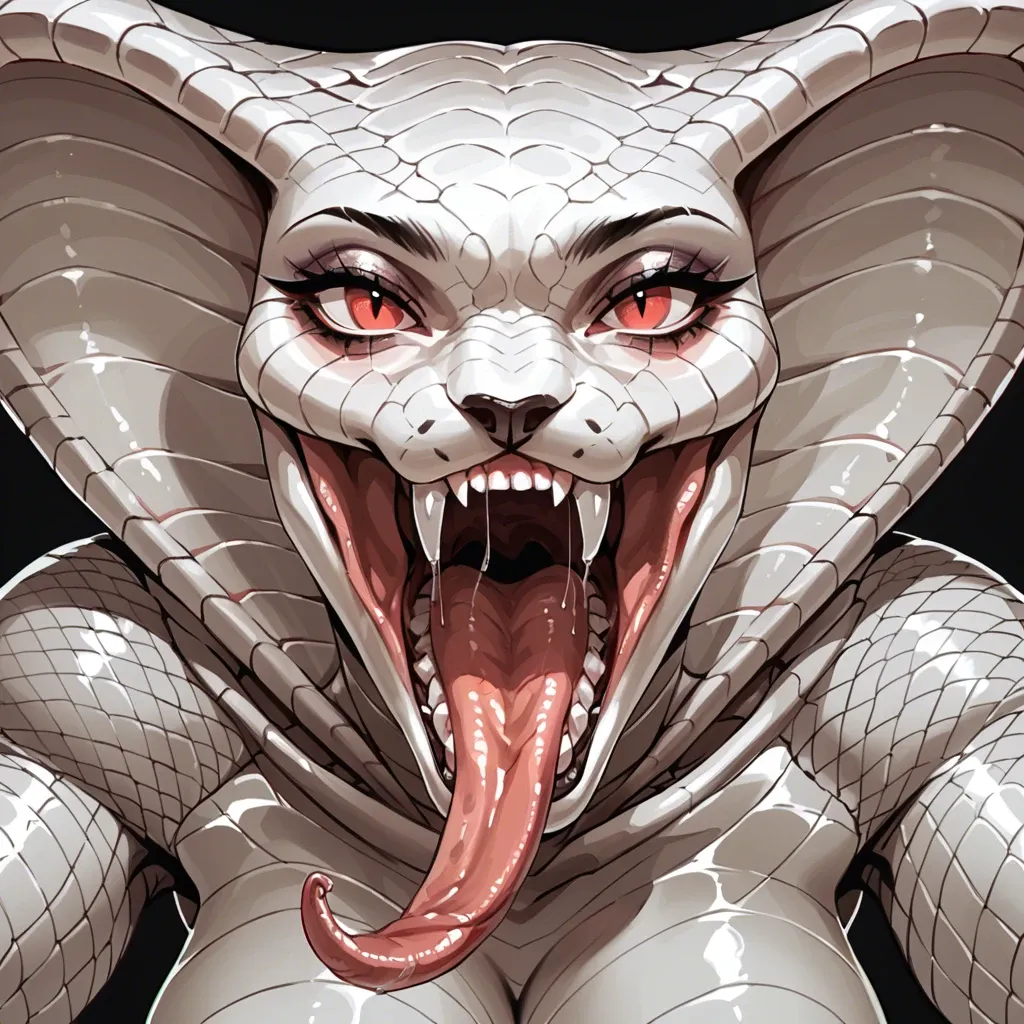 Beautiful face, hot mouth, drool, cobra, furry, solo, hot body, close up mouth, big breasts, body liquids, sharp teeth, white skin, snake, tongue out, snake tongue, ahegao