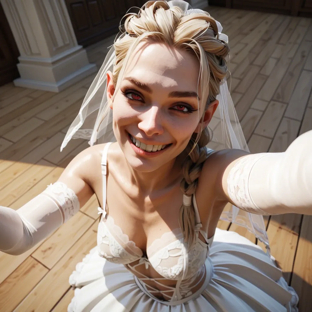 1girl,3d, Australian ethnicity,cute, up nose, pig nose, slender nose,perfect teeth,big teeth, big smile,bride clothes, braided hair blonde,selfie,high angle,evil face, lingerie, medium breast,arm gloves, shaved pussy,big blue eyes