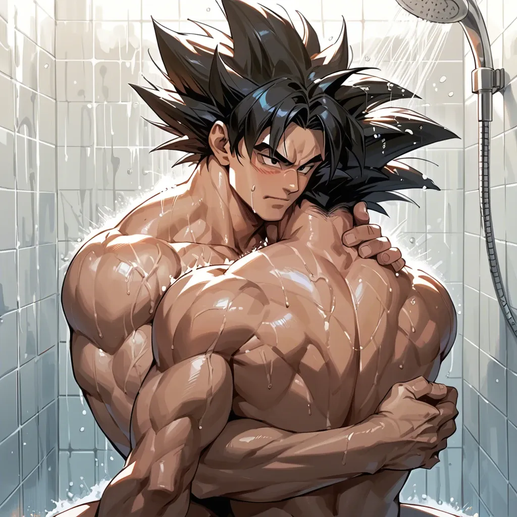 male goku showering from behind and sitting and hugging himself and head up