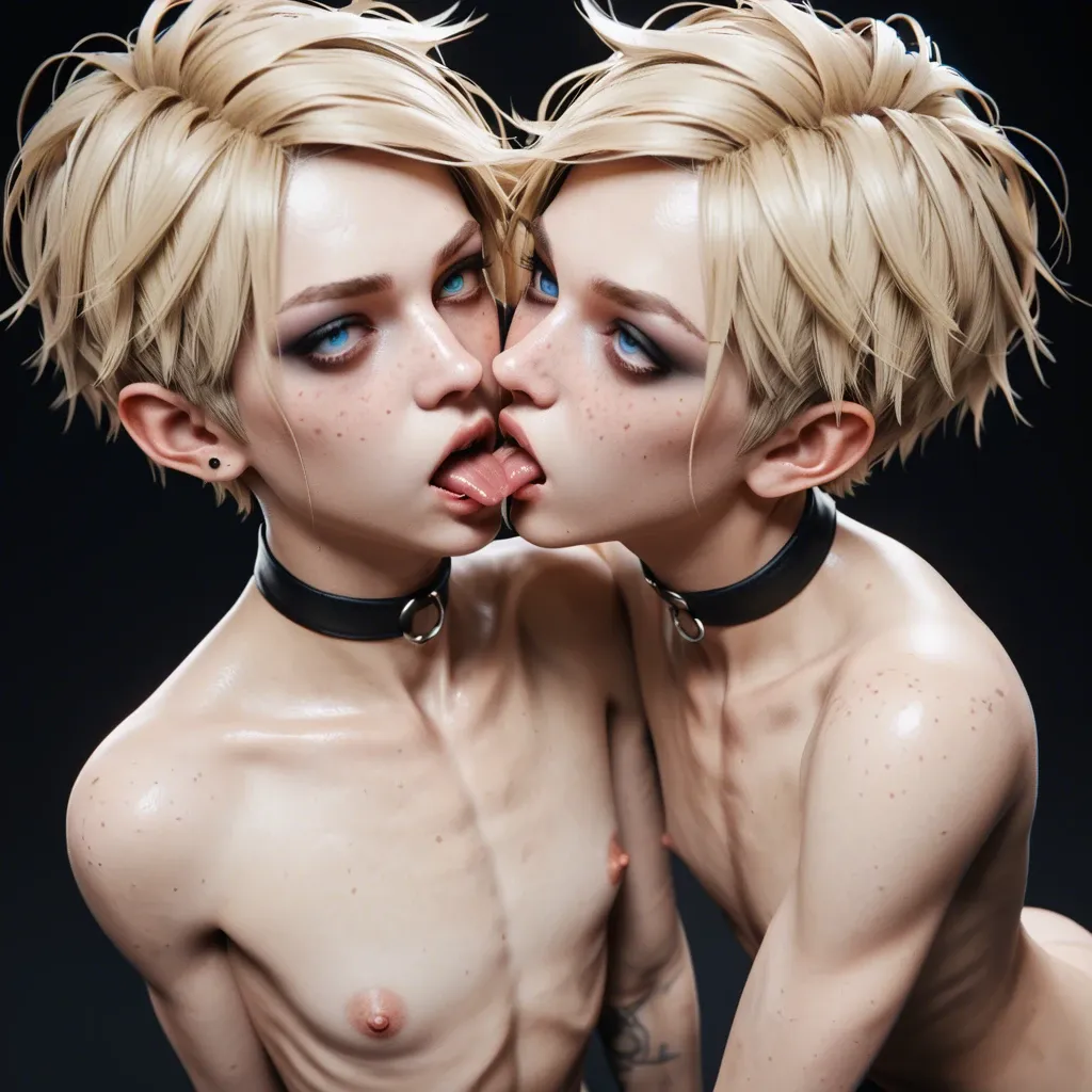 2boy,3d, twins ,adorable boy,pretty boy, freckles, blue eyes, emo blonde,skinny, skinny arms, skinny legs, white paled skin,flat chest, choker, veiny penis,from above, kiss tongue,incest, defined, collaborative, looking at viewer