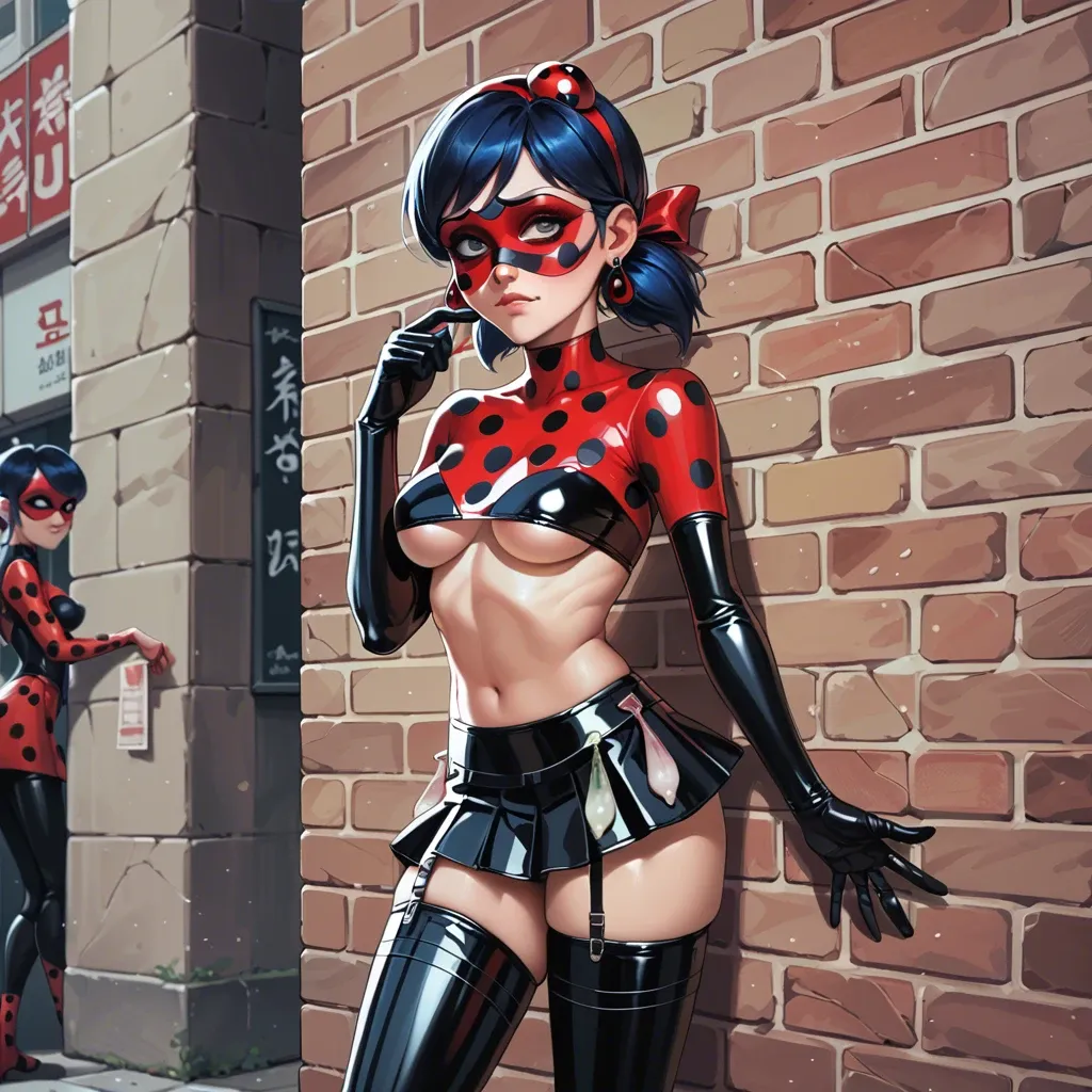 Miraculous Ladybug, anime, prostitute slut, prostituting herself, shy face, Miraculous Ladybug costume underboob, blue hair, used condom in her hands and garter belt, red with black dots pattern latex long socks, red with black dots pattern latex micro skirt, platform high heels, pubic hair, clitoris piercing, nipple piercing, in a street,