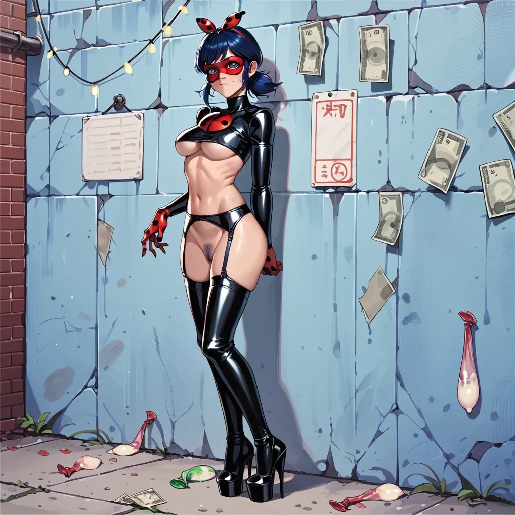 Miraculous Ladybug, anime, prostitute slut, prostituting herself, shy face, Miraculous Ladybug costume underboob, blue hair, used condom in her hands and garter belt, red with black dots latex long socks, platform high heels, pubic hair, clitoris piercing, nipple piercing, in a street,