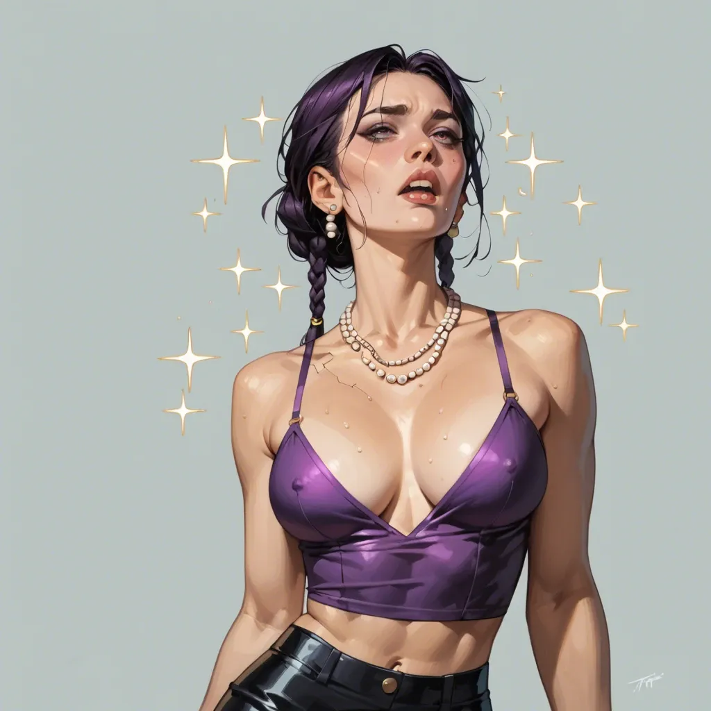 1girl,solo, , , , cheek bulge,astonishing,perky tits,hip thrusts,golden necklace,hair braid,perky tits,purple necklace, black skirt,pearl necklace,highleg panties, hotel exterior, sparkles, cyberpunk, zelda, ariel waifu