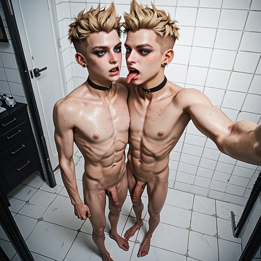 2boy,3d, twins ,adorable boy,pretty boy, freckles, blue eyes, emo blonde,skinny, skinny arms, skinny legs, white paled skin,full body selfie,flat chest, choker,licking,incest, defined, abs, handjob,gay, big smile,