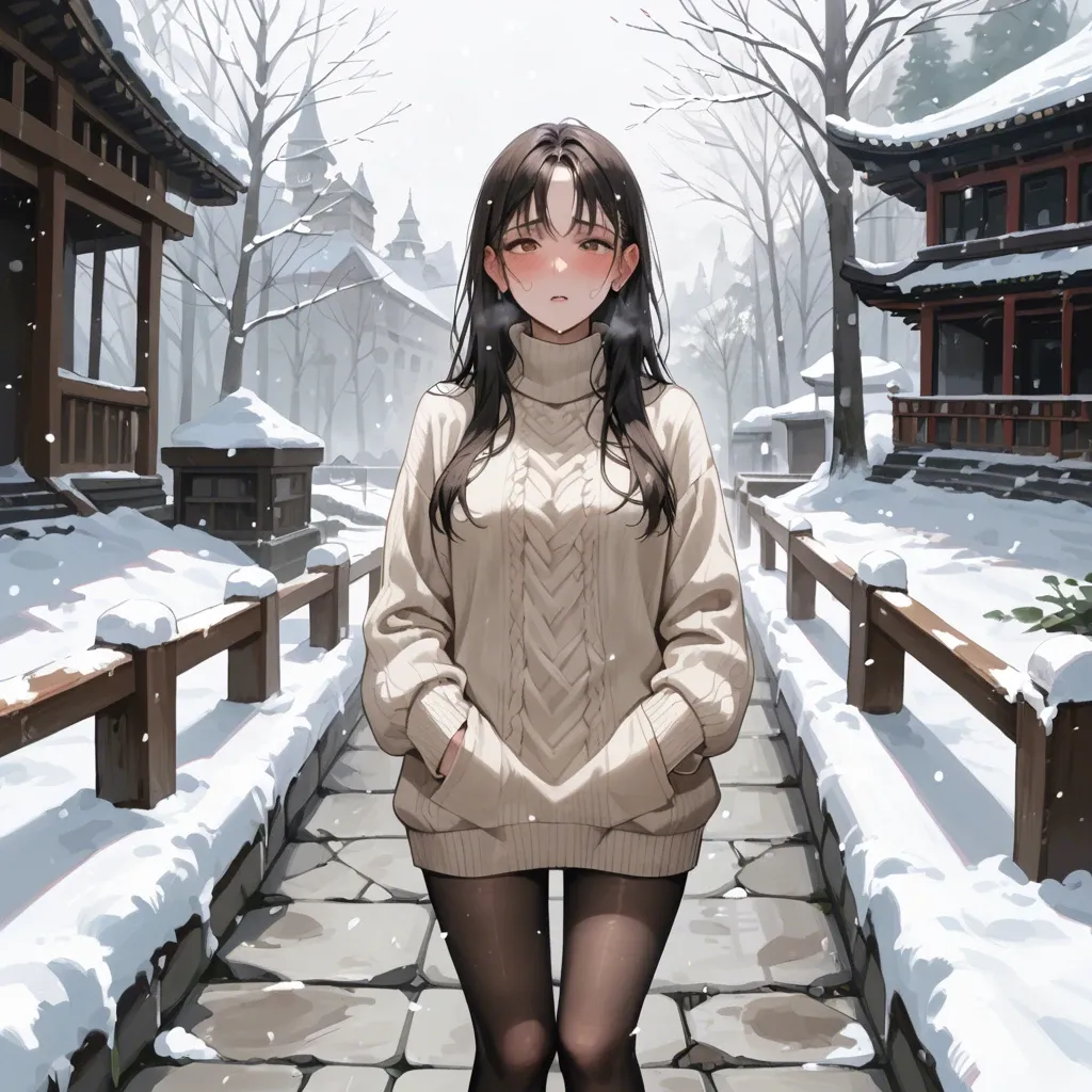 (masterpiece), best quality, expressive eyes, perfect face, heavy snow, snowing, snow accumulation, sweater, breathing, standing, temple, standing on the steps, blushing