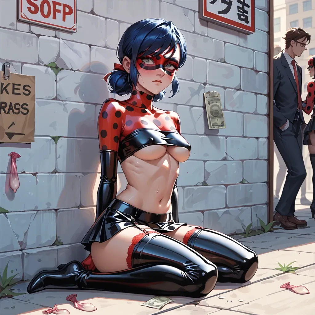 Miraculous Ladybug, anime, prostitute slut, prostituting herself, shy face, Miraculous Ladybug costume underboob, blue hair, used condom in her hands and garter belt, red with black dots pattern latex long socks, red with black dots pattern latex micro skirt, platform high heels, pubic hair, clitoris piercing, nipple piercing, in a street,