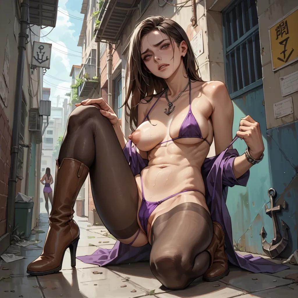 2girl, , , , jawline,long legs,swollen nipples,breast,one knee up, purple dress,black pantyhose,jewelry,microbikini,heels, undressing,anchor necklace,bracelets,bikini pull,brown boots, school bathroom, alleyway, tavern setting, anna, waifu