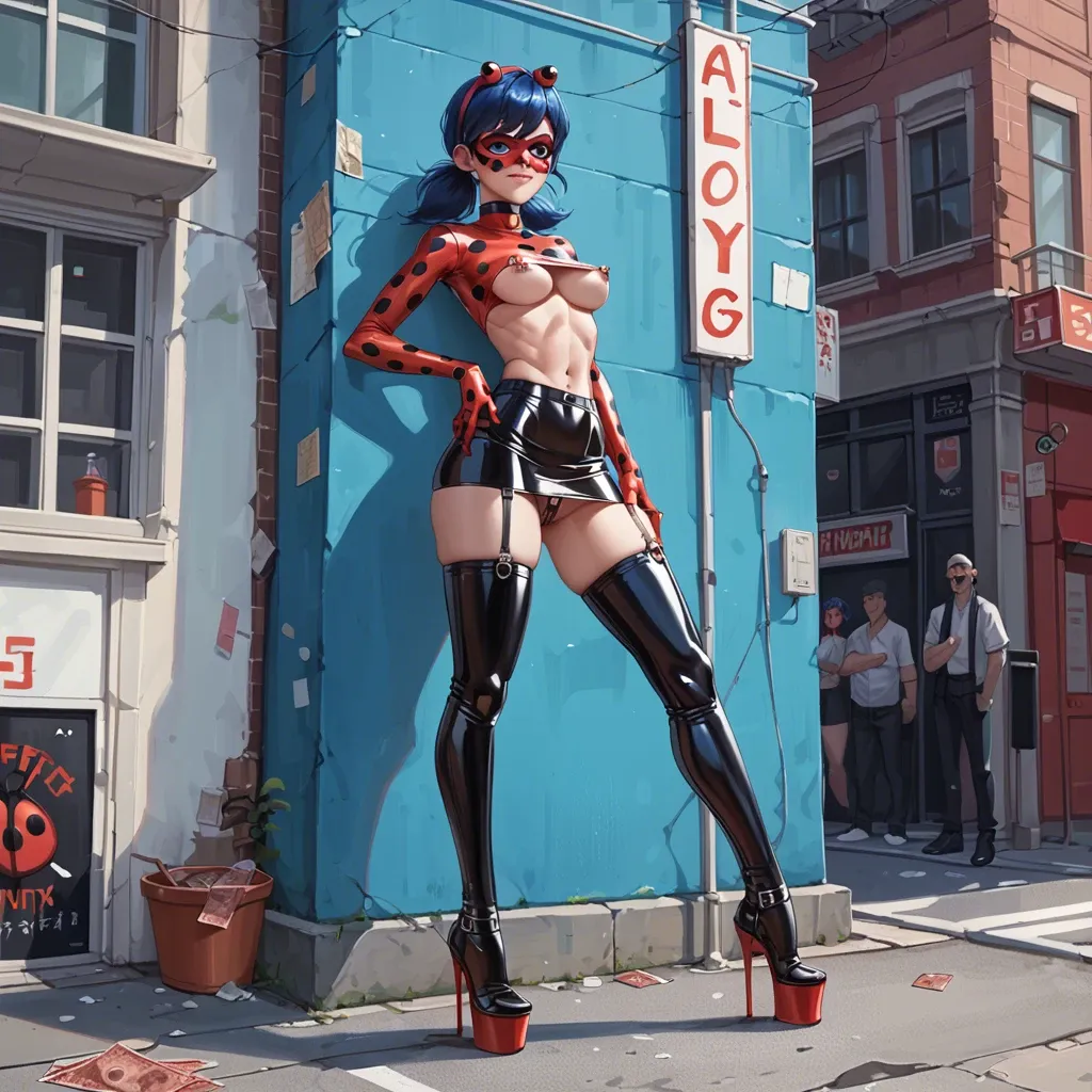 Miraculous Ladybug, anime,  timid face, prostitute slut, prostituting herself, blue hair, Miraculous Ladybug costume underboob, nipple piercing, latex micro skirt, open crotch panties, garter belt, latex long socks, platform high heels, clitoris piercing, pubic hair, in a street, receiving money,