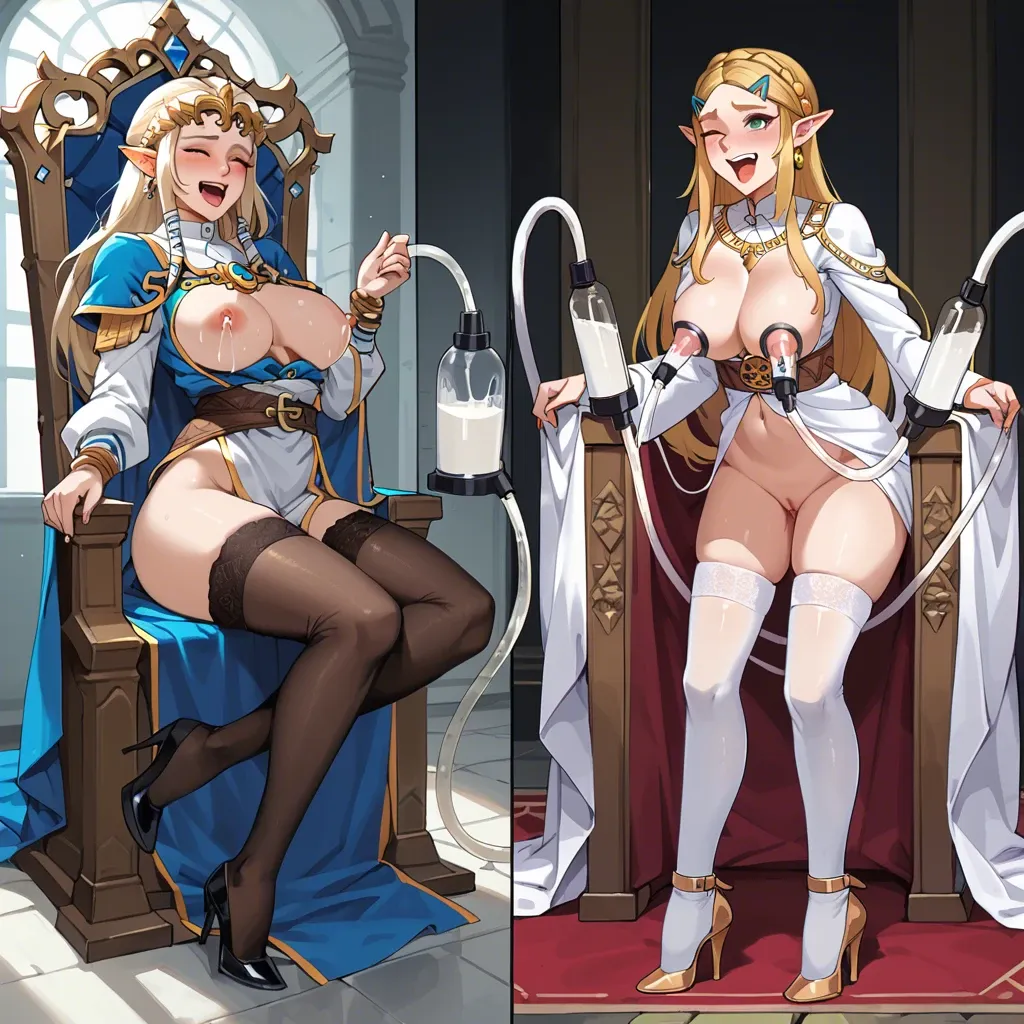 Princess zelda,stockings,high heels,laughing,one eye closed,milking machine,lactating,in throne room,aheago,before and after,tied arms