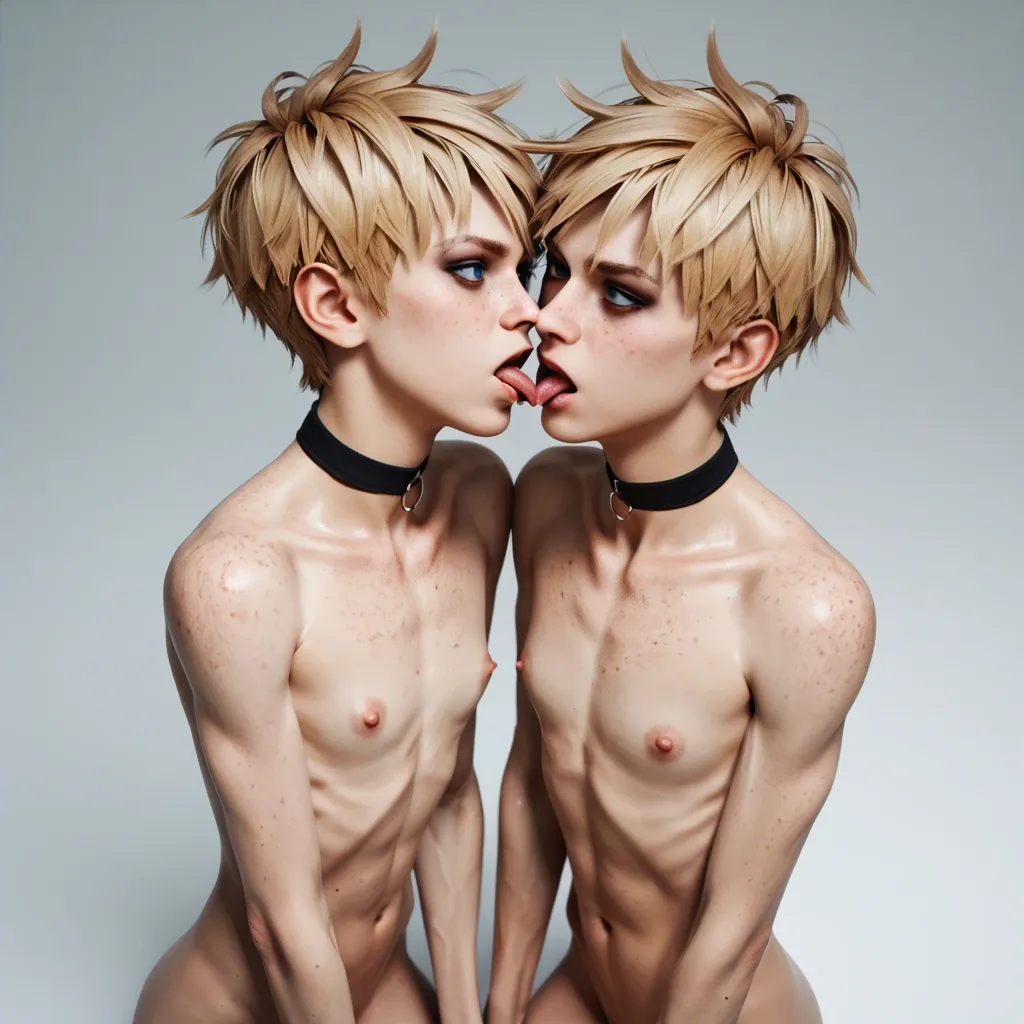 2boy,3d, twins ,adorable boy,pretty boy, freckles, blue eyes, emo blonde,skinny, skinny arms, skinny legs, white paled skin,flat chest, choker,from above,face licking,incest, defined, collaborative, looking at viewer ,full body, handjob the other