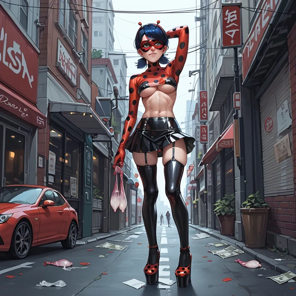 Miraculous Ladybug, anime, prostitute slut, prostituting herself, shy face, Miraculous Ladybug costume underboob, blue hair, used condom in her hands and garter belt, red with black dots latex long socks, red with black dots latex micro skirt, platform high heels, pubic hair, clitoris piercing, nipple piercing, in a street,