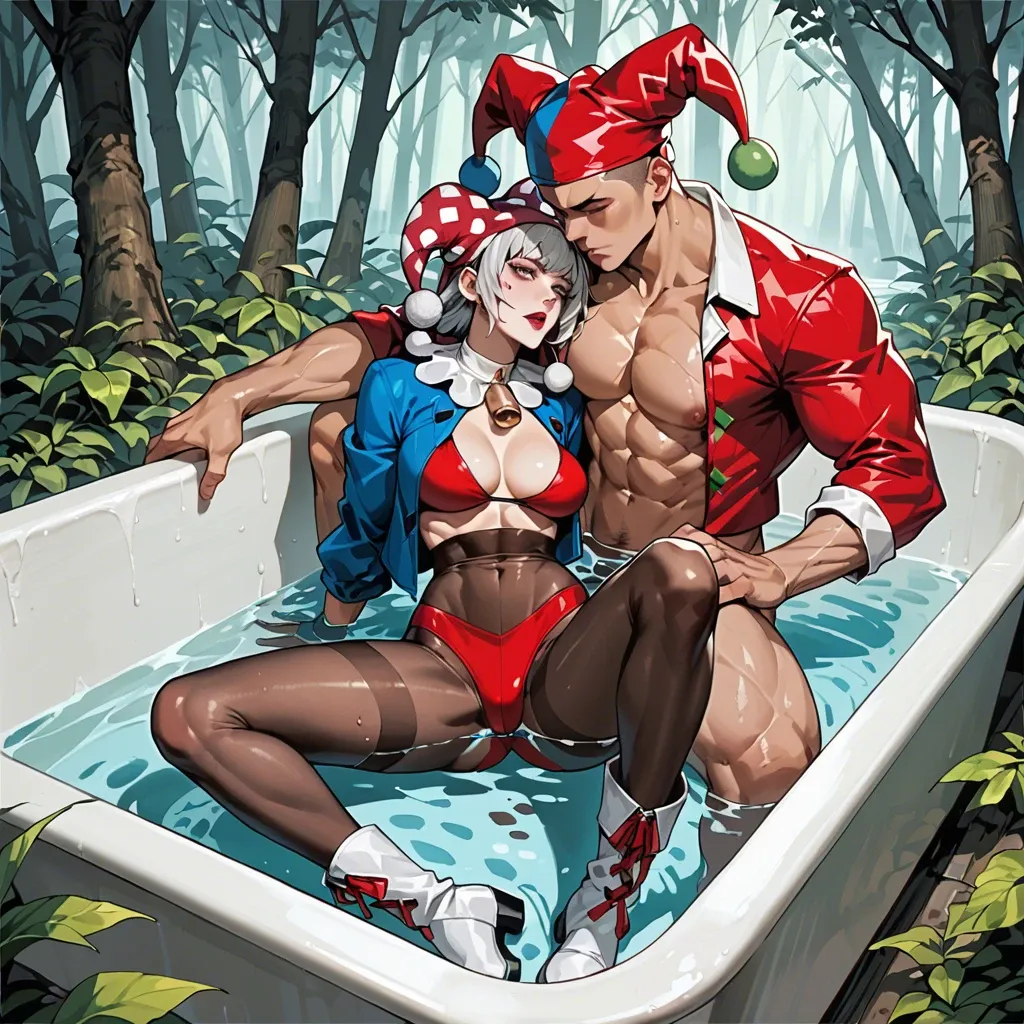 1girl,1boy, , , , sexy mouth,leg muscles,sucking nipple,bent at waist,on the knees, open jacket,pantyhose,jester cap,sexy red bikini,white boots, bathtub, dark forest, spaceship, anime coloring, dark penis, princess zelda, spider-gwen, rapunzel waifu