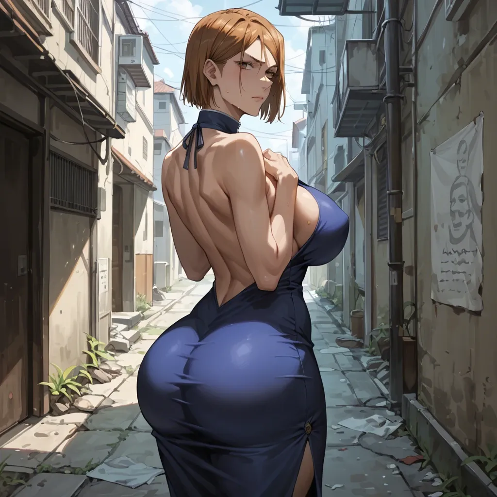 Kugisaki Nobara (jujutsu kaisen), show face, hands on chest, detailed face, focus from behind, massive ass, massive breast, wearing dress, backless dress, tight ass, focus ass, alley