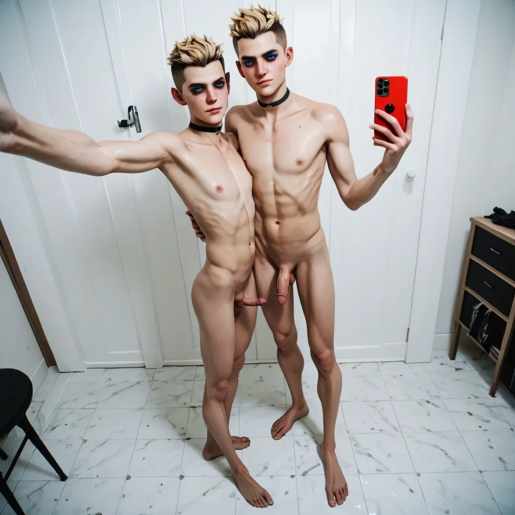 2boy,3d, twins ,adorable boy,pretty boy, freckles, blue eyes, emo blonde,skinny, skinny arms, skinny legs, white paled skin,full body selfie,flat chest, choker, touching each other,incest, defined, abs,gay, smiling,