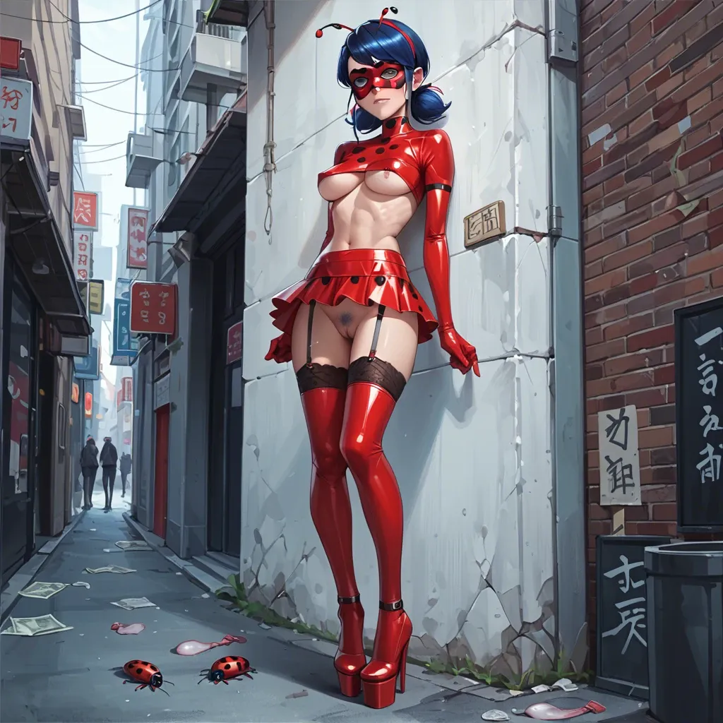 Miraculous Ladybug, anime, prostitute slut, prostituting herself, shy face, Miraculous Ladybug costume underboob, blue hair, used condom in her hands and garter belt, latex long socks, red latex micro skirt, platform high heels, pubic hair, clitoris piercing, nipple piercing, in a street corner,