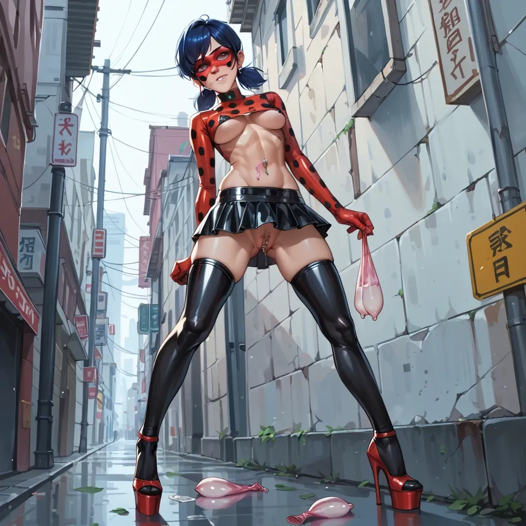 Miraculous Ladybug, anime, prostitute slut, prostituting herself, shy face, Miraculous costume underboob, blue hair, used condom in her socks, latex long socks, latex micro skirt, platform high heels, pubic hair, clitoris piercing, nipple piercing, in a street,