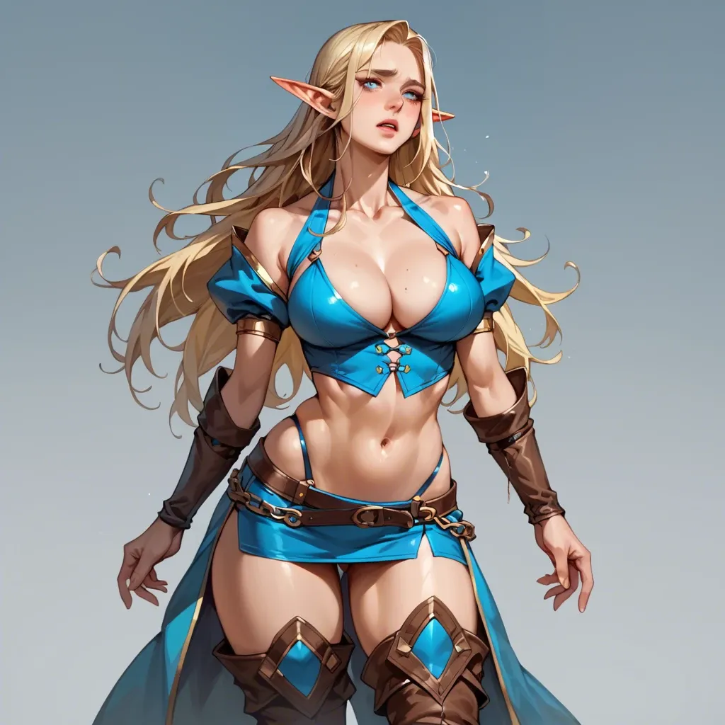 oppai_lolly,longHAIR,BLONDE_HAIR,blue_EYES, POINTY EARS, ELF,thigh_boots,large breasts,  cleavage,waist cincher, navel, collarbone, skyblue clothes,micro tight skirt,