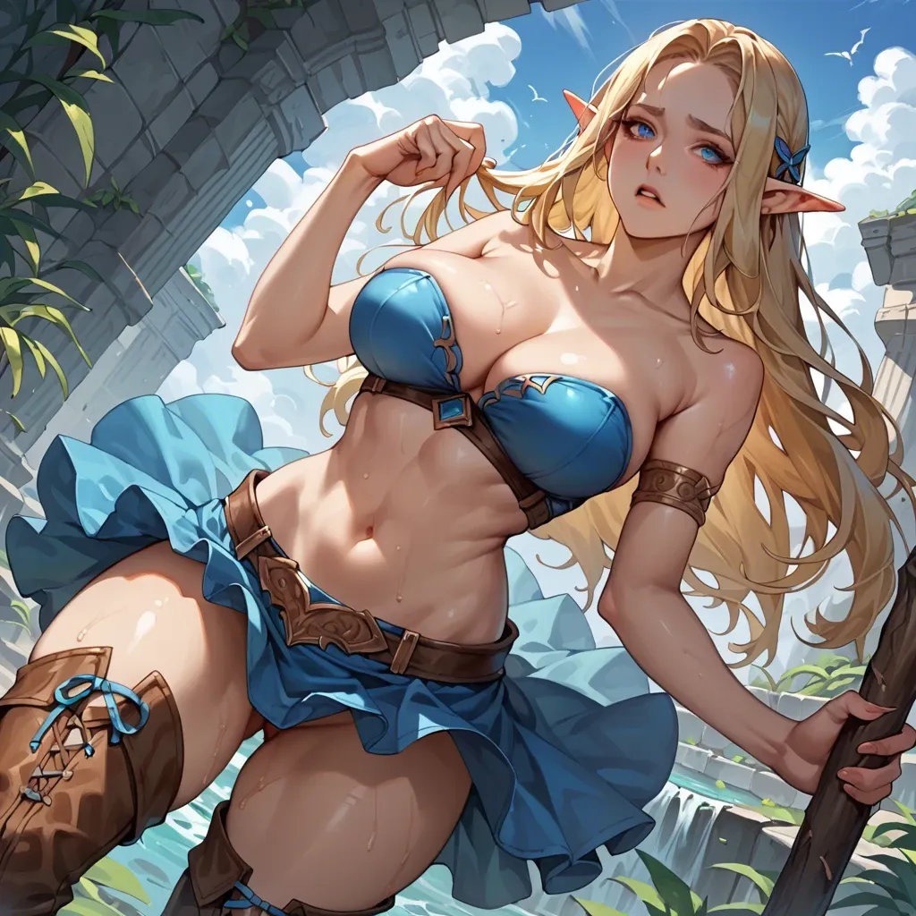 oppai_lolly,longHAIR,BLONDE_HAIR,blue_EYES, POINTY EARS, ELF,thigh_boots,large breasts,  cleavage,waist cincher,strapless bra, navel, collarbone, skyblue clothes,micro tight skirt,