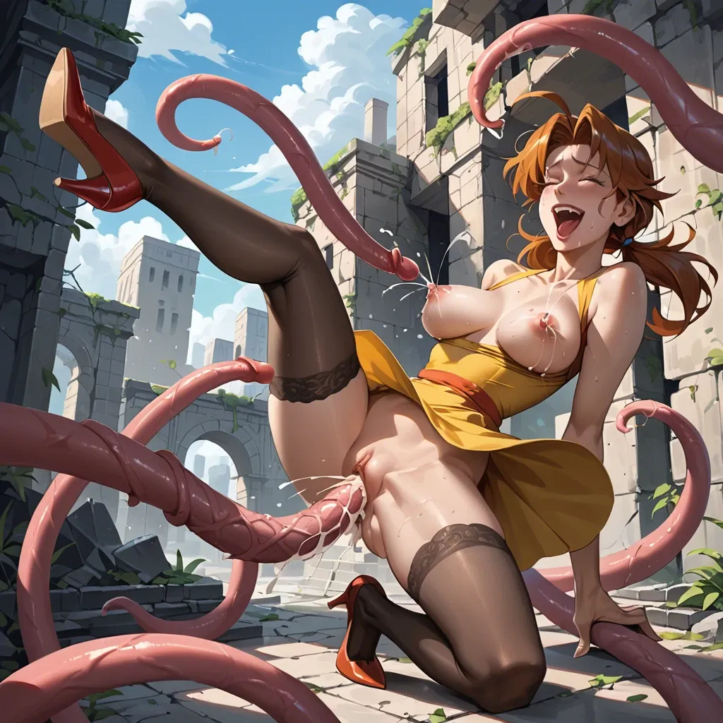 Delia ketchum,pokemon,sex,tentacles,high heels,stockings,yellow dress,lactating,laughing,one eye closed,in city ruins