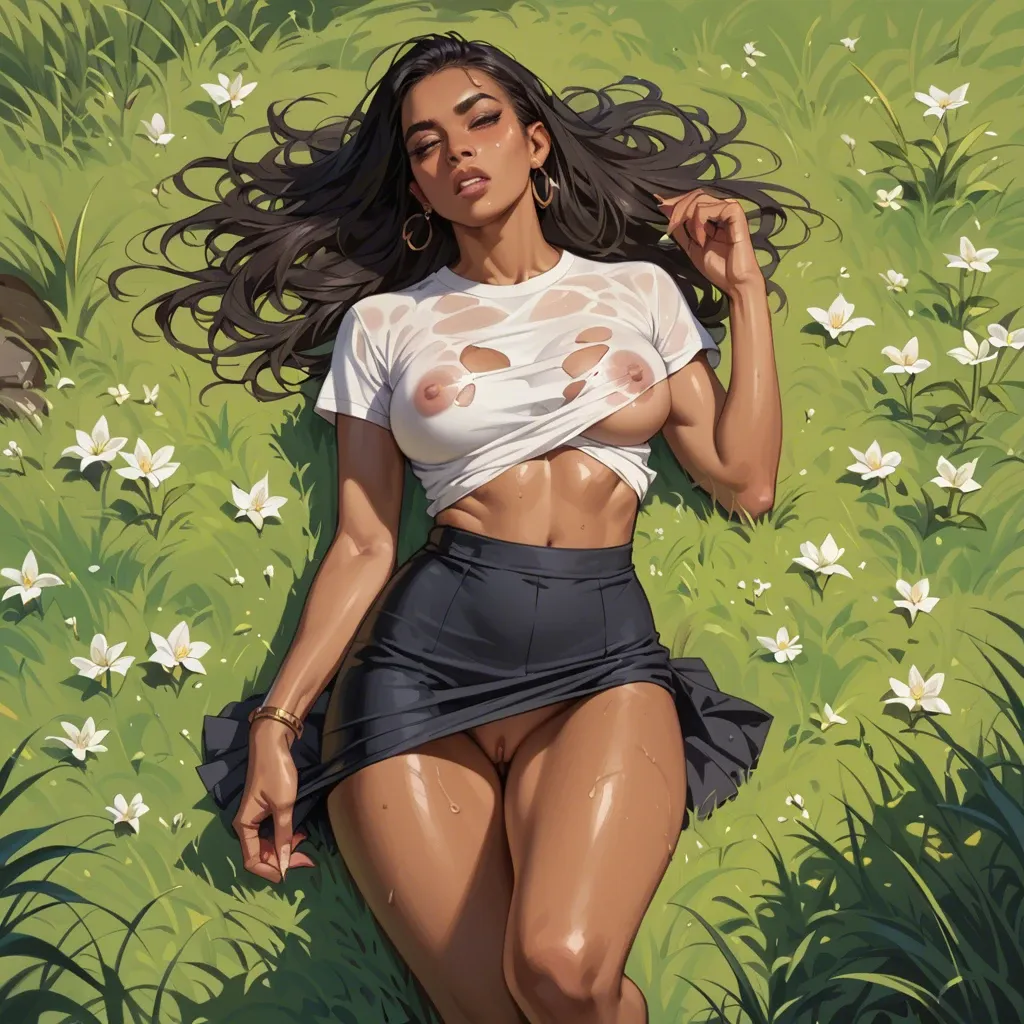 perfect tanned girl lies sideways in the grass and wears a t-shirt and a skirt, hips focus. high detailed