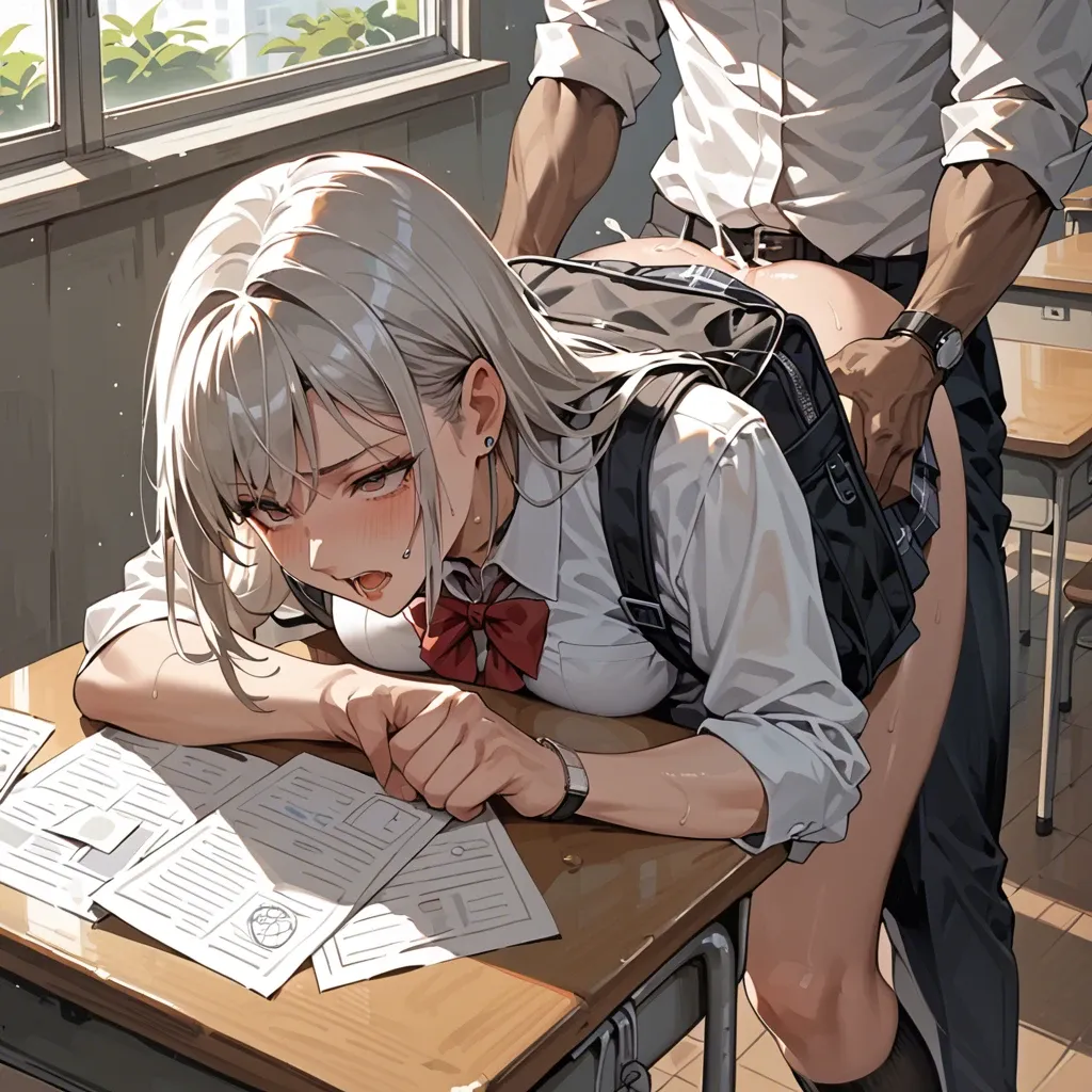 Schoolgirl with backpack  being fucked hard from behind leaning over teachers desk