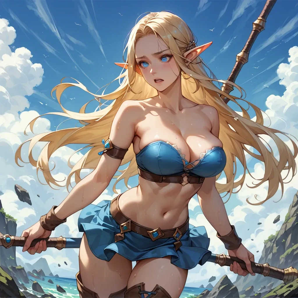 oppai_lolly,longHAIR,BLONDE_HAIR,blue_EYES, POINTY EARS, ELF,thigh_boots,large breasts,  cleavage,waist cincher,strapless bra, navel, collarbone, skyblue clothes,micro tight skirt,Hold a dagger,