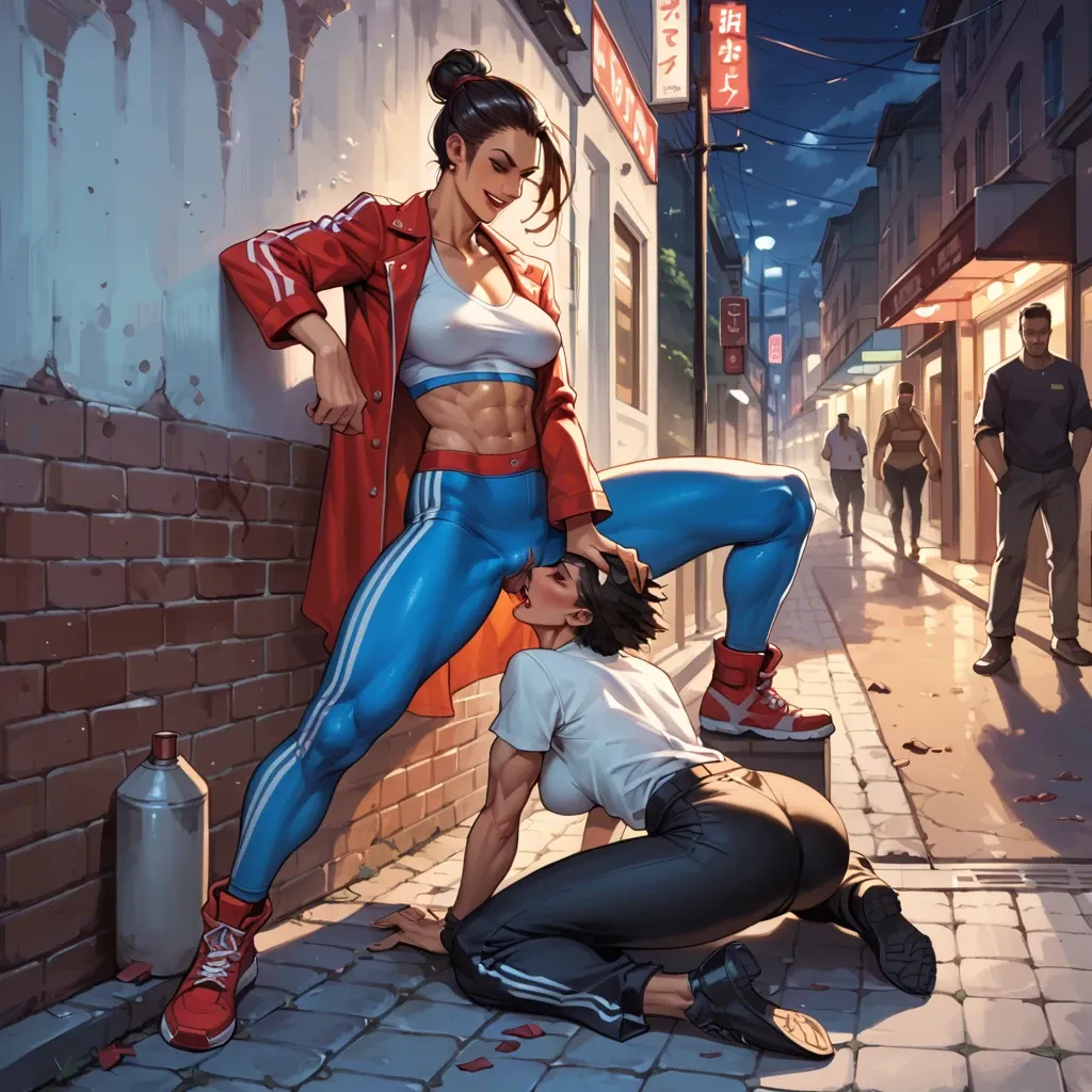 Street fighting, smile girl, femdom, night, street clothes, on public, pants, grabbed head with legs, cunnilingus