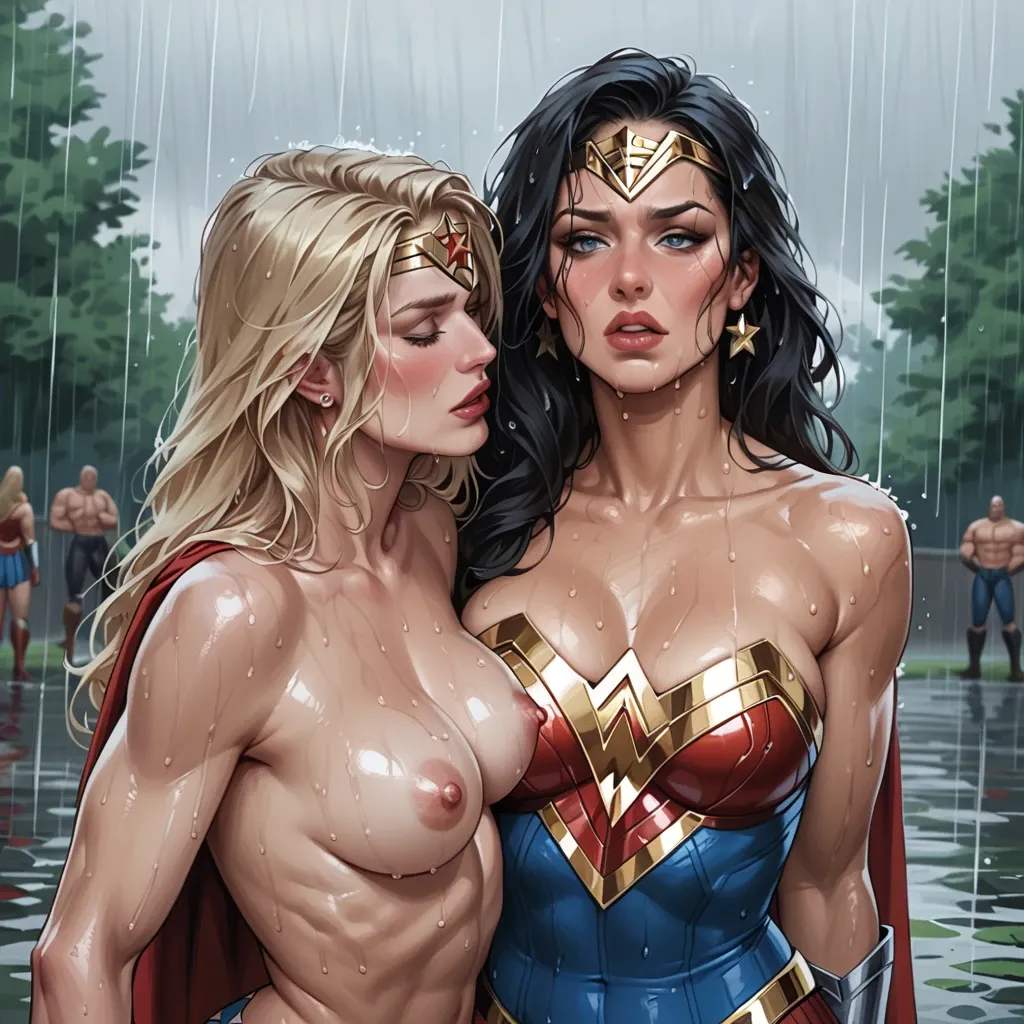 Supergirl, Wonder Woman, 2 girls, rain