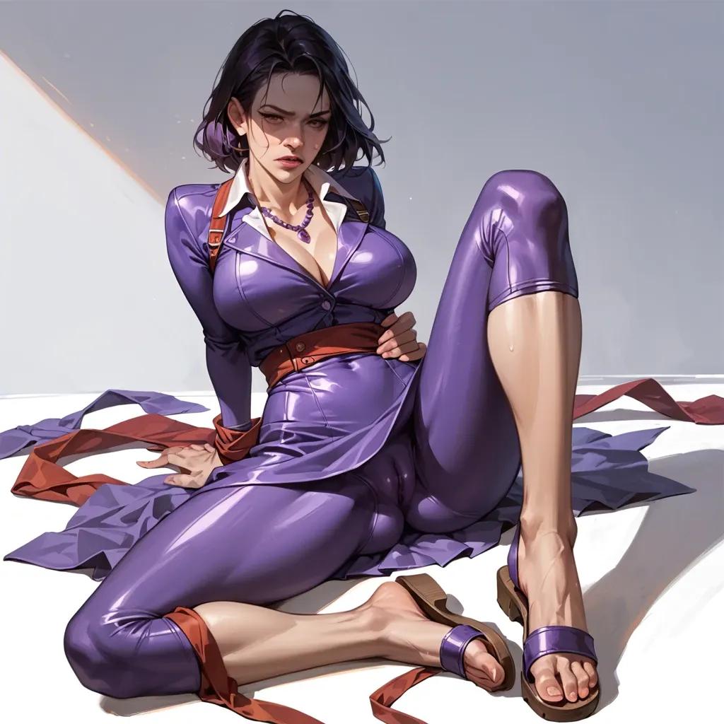 1girl,solo, , , , dimples,normal feet,large breasts,waist grab,knee, bubble in nose,wrists bound,perky breasts,fabrics,one knee up, upskirt,purple necklace,collared,bodysuit,sandals, in the office, subway, medieval dress, sex on table, facing camera, samus, ariel waifu, rapunzel waifu