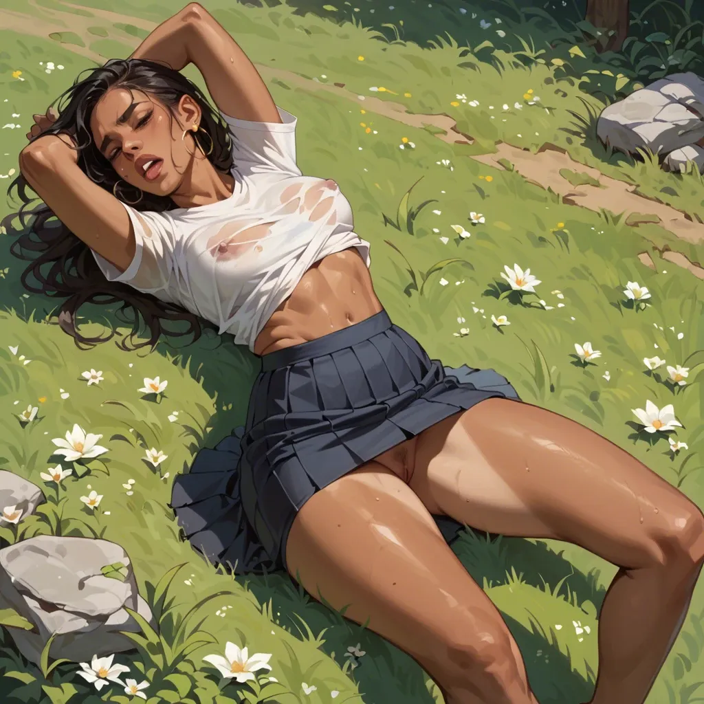 perfect tanned girl lies sideways in the grass and wears a t-shirt and a skirt, hips focus. high detailed