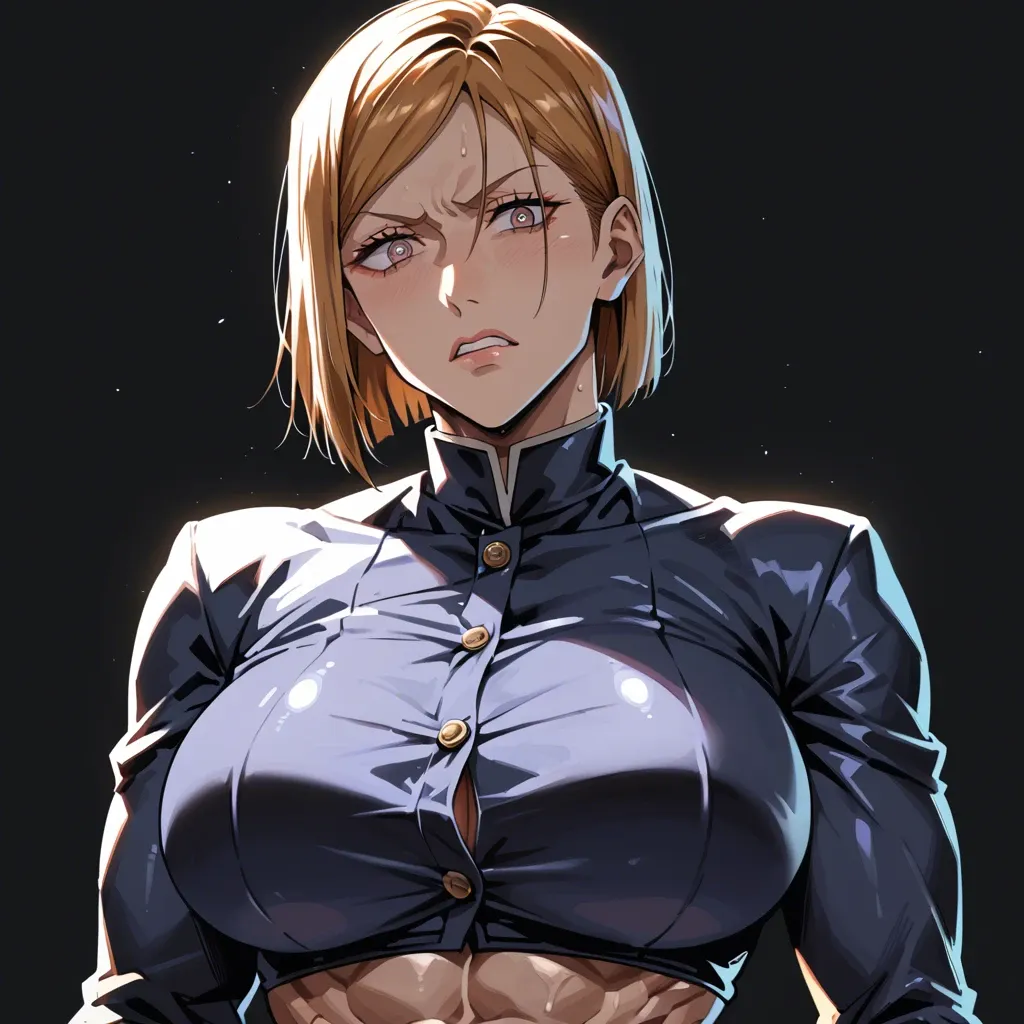 1 girl, Kugisaki Nobara (jujutsu kaisen), good face, brilliant eyes, focus from behind, upper body, tight clothes, detailed face, black background, do not show hands, massive ass, massive breast, abs, High definition, backless dress