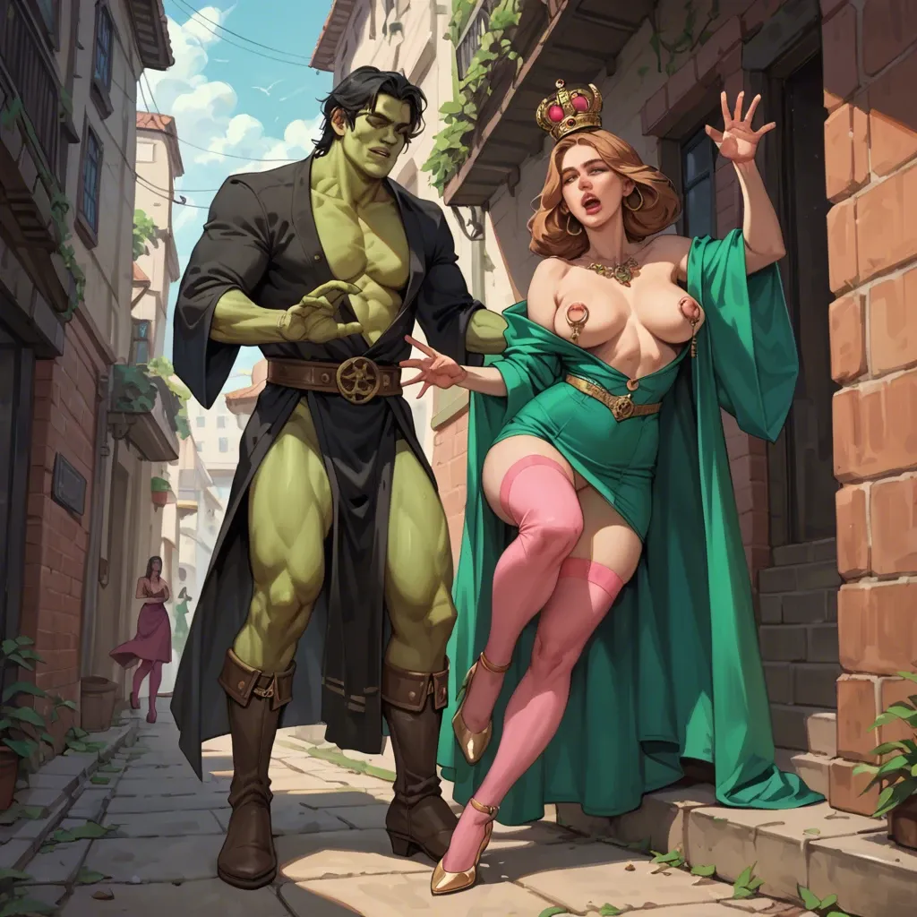 2girl, , , , reaching,good fingers,lips on nipple,elizabeth,green skin male, robe,knee socks,metal rings,green swimsuit,knee boots, lift skirt,pink stockings,gold crown,thongs,heels, baroque, alleyway, spiked dildo, tifa, spider-gwen