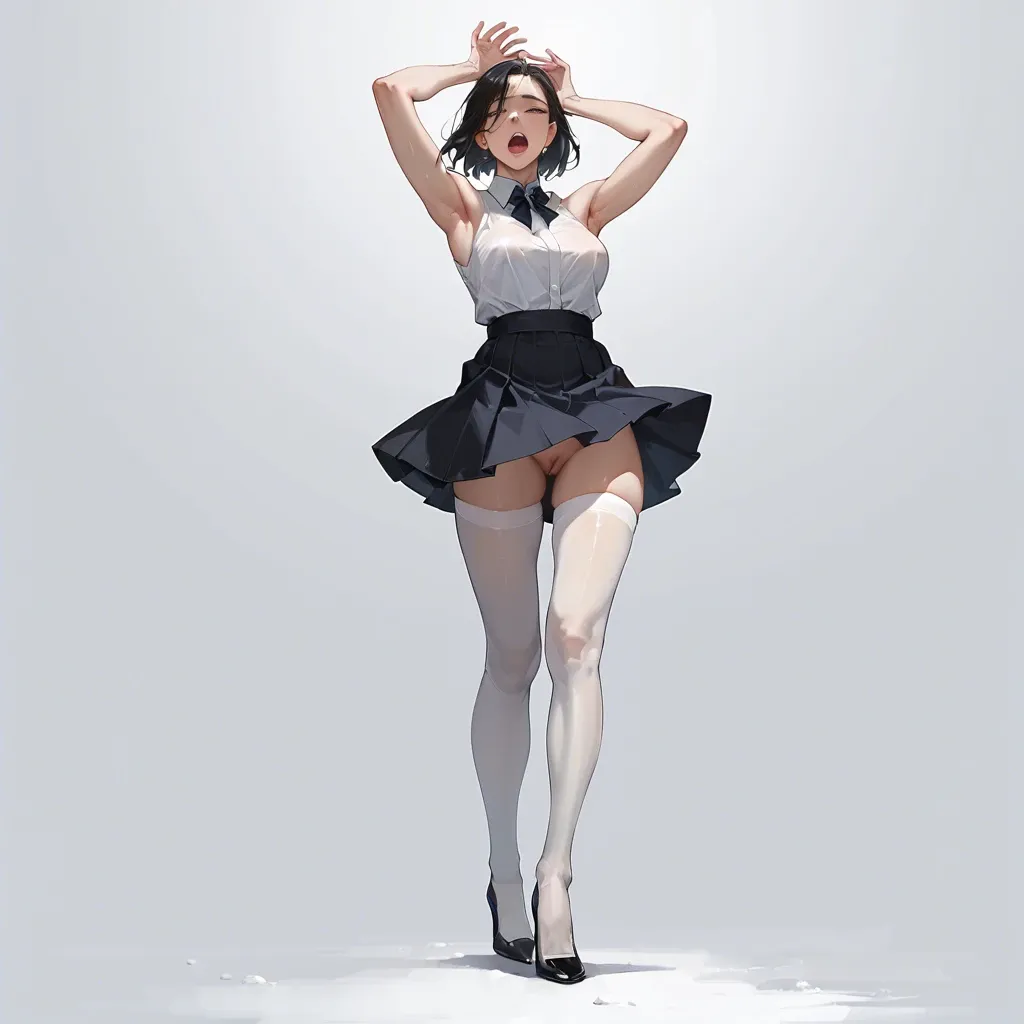 black high heels, white tights, skirt, hands up, armpits, dansing, standing