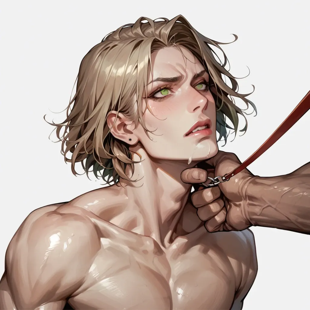 Character girl, white skin, slender, light brown divided bob hair, yellow green eyes, leash, submissive, black muscular man, choke