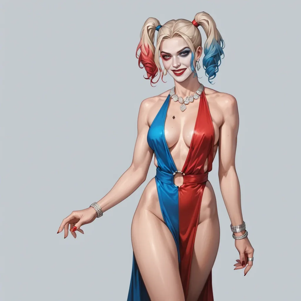 Harley Quinn, elegant hair bun, revealing dress, ballroom