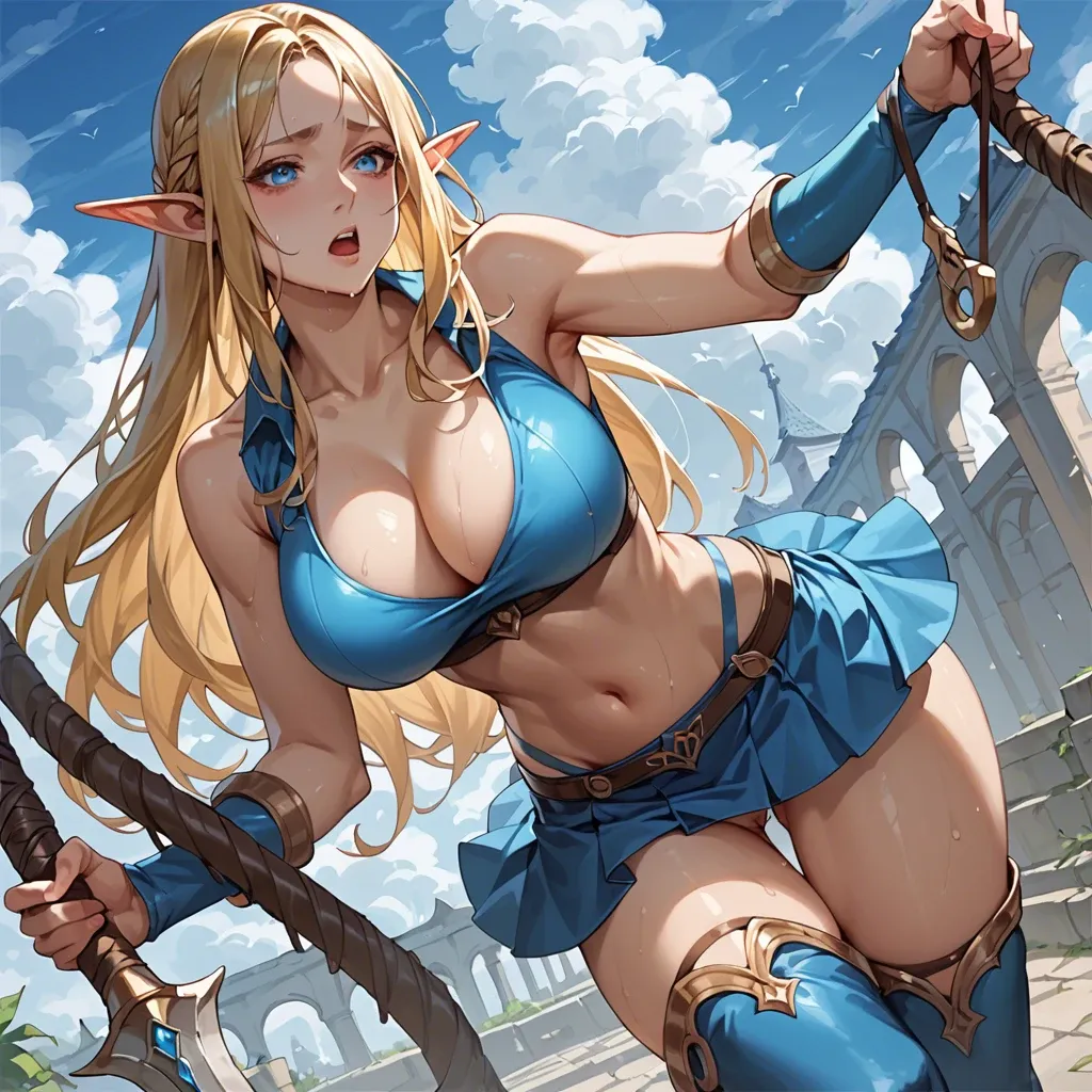 oppai_lolly,longHAIR,BLONDE_HAIR,blue_EYES, POINTY EARS, ELF,thigh_boots,large breasts,  cleavage, navel, collarbone, skyblue clothes,micro tight skirt,