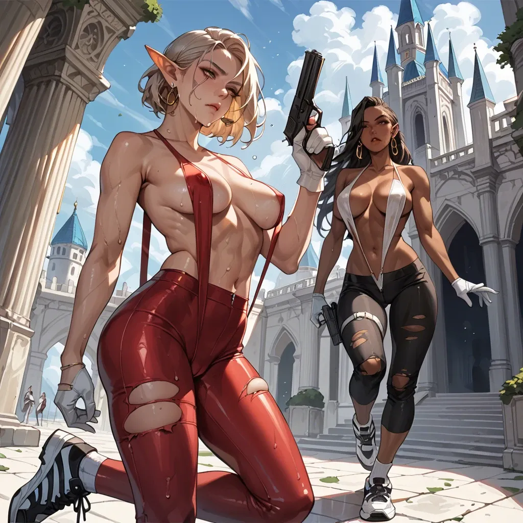 2girl, , , , wet mouth,handgun,round tits,hip thrusts,very dark skin, red tight pants,white socks,white gloves,bra,black sneakers, ripped pants,elf palace,dangly earrings,sling bikini,running shoes, palace bedroom, daphne blake, cyberpunk, cyborg, tifa, waifu