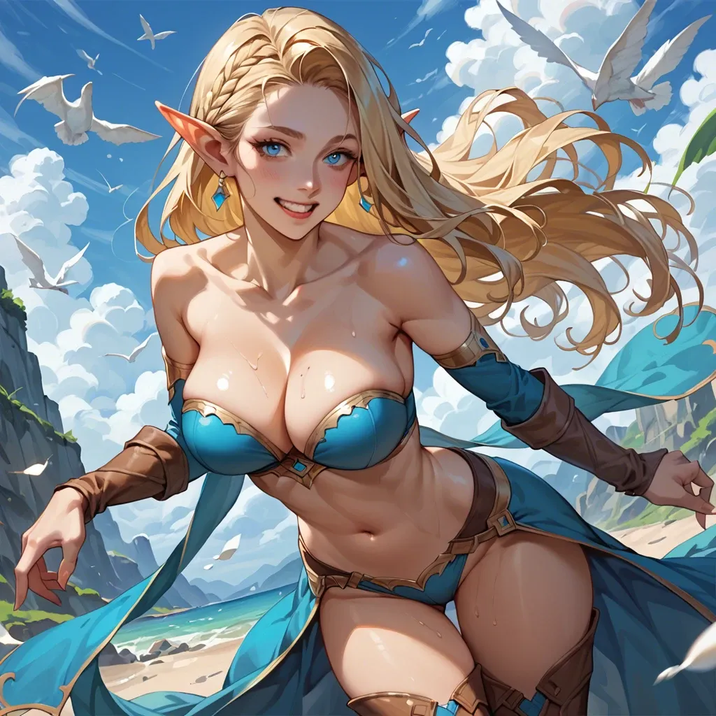 oppai_lolly,happy smile, longHAIR,BLONDE_HAIR,blue_EYES, POINTY EARS, ELF,thigh_boots,large breasts,  cleavage,waist cincher,strapless bra, navel, collarbone, skyblue clothes,micro tight skirt,form back,ass,