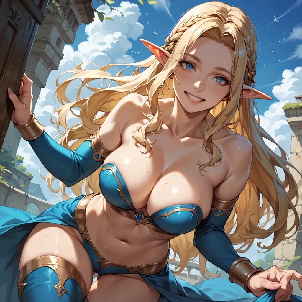 oppai_lolly,happy smile, longHAIR,BLONDE_HAIR,blue_EYES, POINTY EARS, ELF,thigh_boots,large breasts,  cleavage,waist cincher,strapless bra, navel, collarbone, skyblue clothes,micro tight skirt,Hold a dagger,